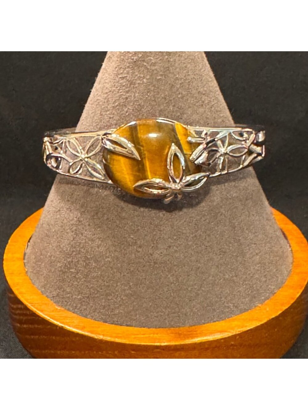 Sterling Silver 925 Oval Tiger's Eye Floral Cuff Bracelet Size 7.5" Fit